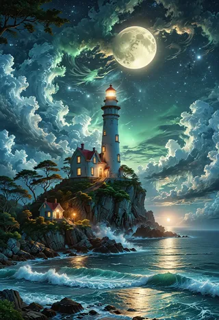 A luminous lighthouse on a rocky island at night, surrounded by glowing windows, dynamic cloud formations, a full moon, and shimmering ocean waves.