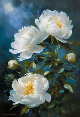 Impressionistic painting of white peonies under moody blue hour light, featuring palette knife strokes and a twilight blue background.