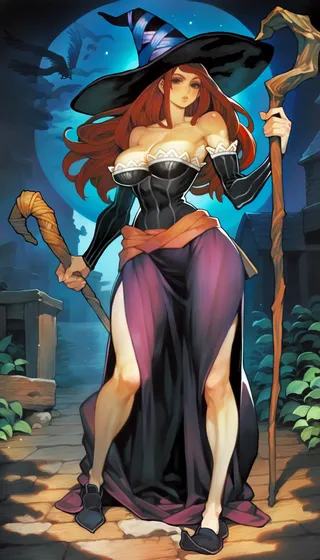 A red-haired sorceress wearing a large black witch hat, black corset with white lacing, and a flowing purple skirt with a slit stands outdoors at night holding a twisted wooden staff.