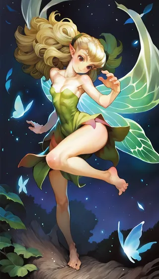 A blonde fairy with wings, pointy ears, and a green dress is floating at night surrounded by glowing light particles and blue butterflies.