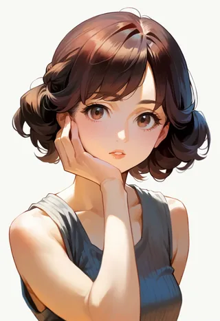 Portrait of Miyuki Inaba with short brown hair, brown eyes, and a grey tank top, hand resting on forehead against a white background.