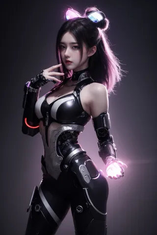 Futuristic cyborg woman character in black and silver armor with neon violet power aura glowing from her hand, styled in a JoJo pose with detailed gloves and rings.