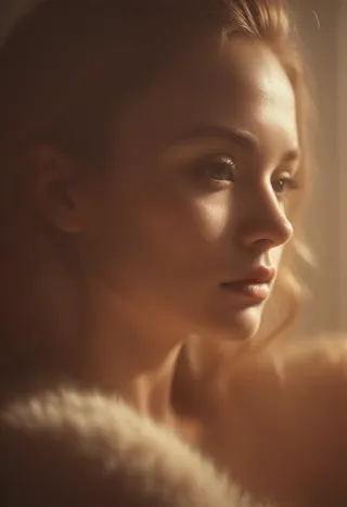 Softly lit film photography portrait of a beautiful woman with light brown hair wearing a beige fuzzy sweater, captured in warm, contemplative light.