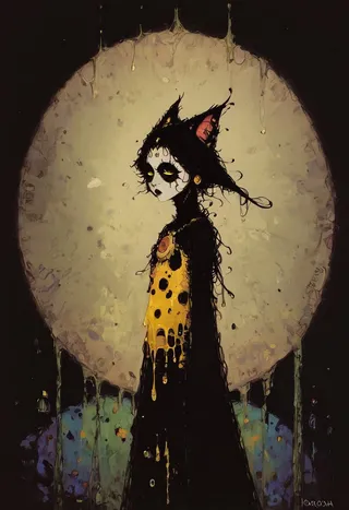A dark, whimsical character with cat ears, painted in oil with impressionistic style and soft side lighting against a large glowing circular background.