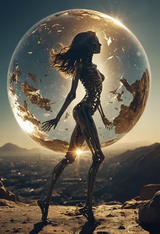 A striking metal android woman with a skeleton structure walking in front of a large glass sphere filled with falling gold fragments at dawn with dramatic sunlight and shadows.