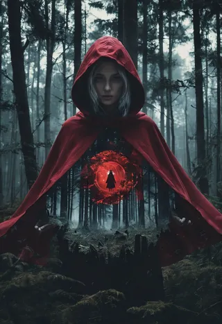 A hooded woman wearing a vivid red cape stands in a dark forest with a mysterious glowing red mecha black hole double exposure effect centered on her chest.