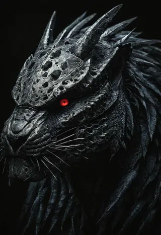 Highly detailed dark fantasy predator creature resembling a dragon with intricate scales, prominent horns, and a glowing red eye against a black background.