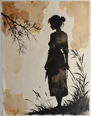 High contrast ink and watercolor silhouette of a girl standing on grass with branches, painted on textured rice paper in wabi-sabi style