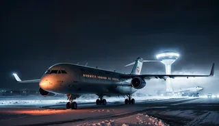 Futuristic airplane landing on a snowy airport runway at night in a future Soviet city with bright LED lights and a glowing control tower.