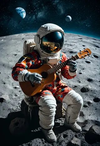 An astronaut wearing a vibrant Hawaiian shirt playing a wooden ukulele while seated on the moon’s surface, with Earth visible rising in the background under a starry sky.