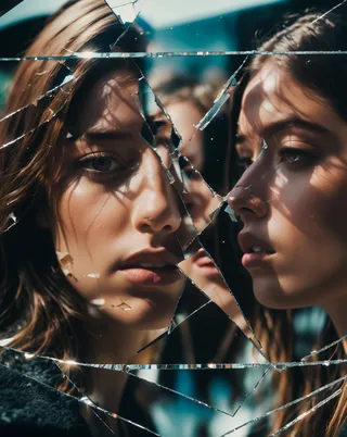 Close-up of a girl's face reflected in a shattered mirror with cinematic lighting and detailed film grain effects