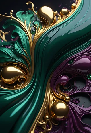 Highly detailed abstract liquid colors with gold, deep green, and plum hues intricately flowing together in a photorealistic octane render.
