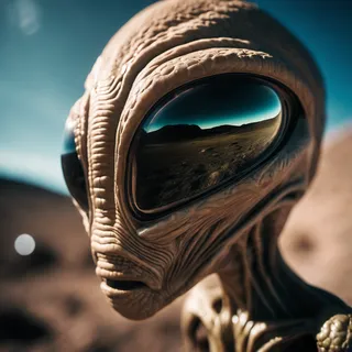 Close-up high detail image of a curious alien face with large glossy eyes reflecting an alien landscape, captured from a low angle with film grain effect.