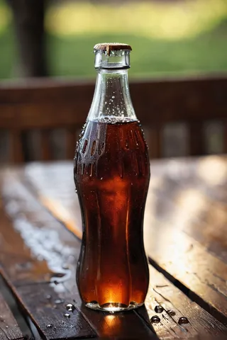 Glass cola bottle covered with water droplets standing on a wooden table with a blurred natural background, showcasing a refreshing beverage in cinematic lighting.