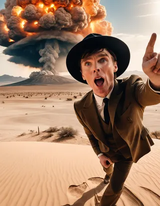 Man wearing a hat and brown suit making a shocked expression while pointing in a selfie pose in the desert with an atomic bomb mushroom cloud explosion in the background.