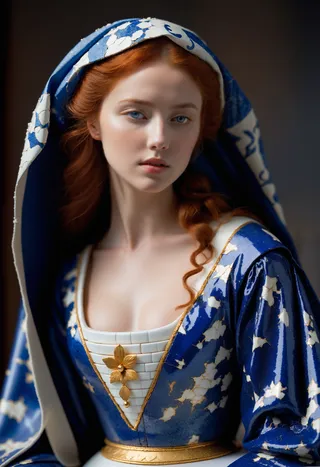 Portrait of a redhead girl with freckles wearing a blue and white cracked porcelain dress inspired by Delfts blauw pottery, featuring golden kintsugi cracks and cinematic lighting.