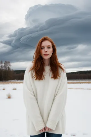 Pale Scandinavian ginger woman wearing an oversized fuzzy white sweater standing outdoors in snowy field with dark storm clouds overhead.