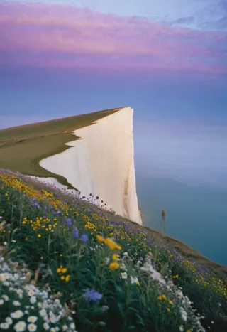 Chalk cliffs of Beachy Head in England overlooking the sea, with a colorful wildflower meadow in the foreground and a vibrant sunrise sky with pink and blue hues