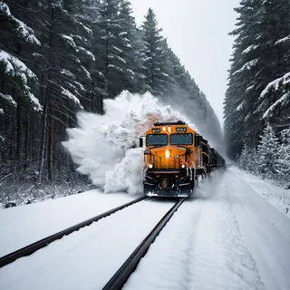 A high-speed train plowing through deep snow in a snowy forest with pine trees, dramatic lighting highlighting the powerful snow spray.