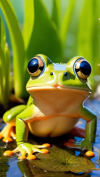A close-up of a curious green frog with large, shiny eyes and webbed feet sitting on a lily pad surrounded by green plants.