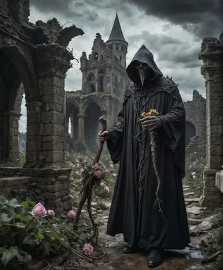 A mysterious wizard wearing a dark cloak and holding a large old wooden staff stands in the ruins of a castle under a cloudy sky, surrounded by dying flowers.
