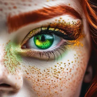 Close-up detailed image of a girl's face with long red ginger hair, light green eyes, freckles, and black painted lips, showcasing hyper realistic intricate detail.