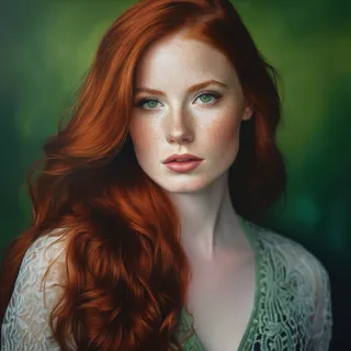 Hyper-realistic portrait of a white-skinned woman with long red hair, light green eyes, freckles on her face, and lips painted black, against a green gradient background.