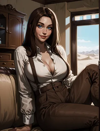 Milly, a female character with long brown hair and blue eyes, smiling with parted lips, wearing a collared shirt and brown pants with suspenders, seated on a couch indoors with desert landscape visible through the window.
