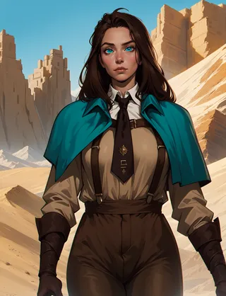 Portrait of Milly, a female character with blue eyes and brown hair, wearing a green capelet, trench coat, and suspenders, standing in a desert landscape with sand dunes and ancient ruins.