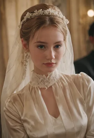 Portrait of a natural freckled young woman wearing a silk wedding dress with lace trim and a floral headpiece veil, captured with cinematic lighting and film grain effect.