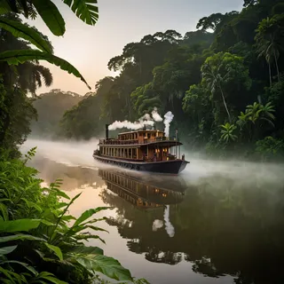 A steam boat moving along a misty river in the Amazon jungle surrounded by dense green foliage under early morning soft light.