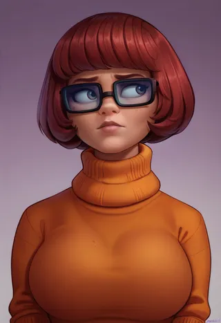 Portrait of Velma Dinkley wearing an orange turtleneck sweater with red bobbed hair, large glasses, freckles, against a purple gradient background, looking to the side.