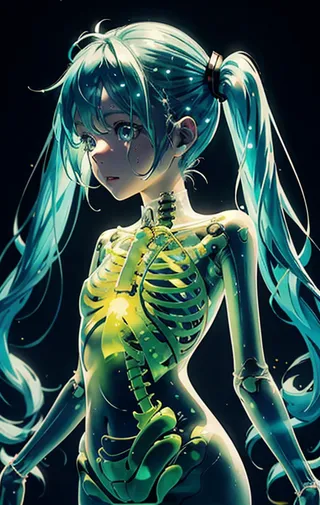 Anime girl with mint slime skin and glowing, see-through bones with translucent body and twintails