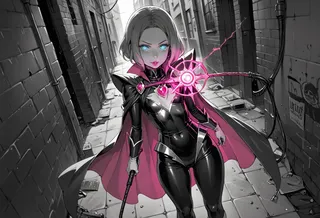 A skinny corrupt magical girl in a black latex outfit and pink cape, holding a glowing pink whip, standing in a greyscale street alley with blue glowing eyes.