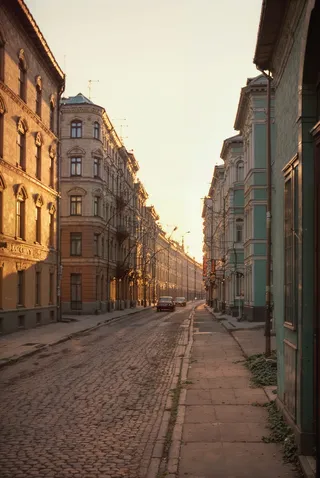 A hyper-realistic photorealistic view of a historic Moscow neighborhood at sunrise with cobblestone streets and vintage architecture bathed in warm, golden light.