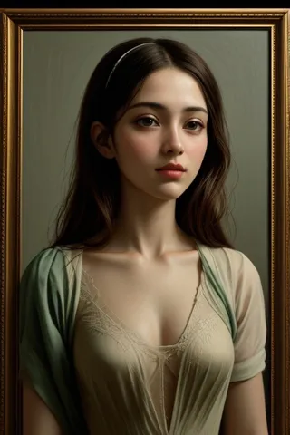 Realistic oil painting portrait of a young woman with long dark hair wearing a light beige dress and a soft green shawl, set in a classic golden frame.