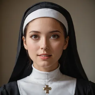 Portrait of a young novice nun with soft brown eyes, wearing a traditional black and white habit, under cinematic volumetric lighting showing detailed skin and dramatic shadows.