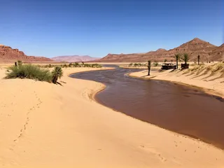 A wide desert landscape featuring golden sand dunes, a winding river with a historic steamboat, sparse palm trees, and distant mountains under a clear blue sky.