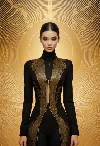 Model woman wearing a black avant-garde outfit with intricate electric gold accents, standing against a detailed golden background with circular patterns.