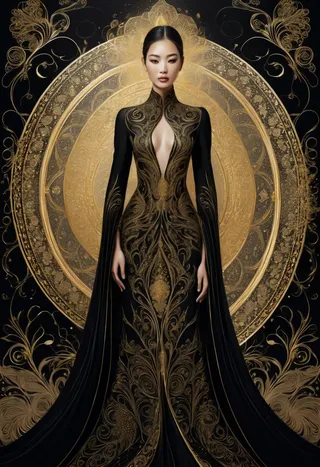 Elegant woman wearing a flowing black gown adorned with intricate gold patterns surrounded by swirling golden smoke and ornate golden motifs.