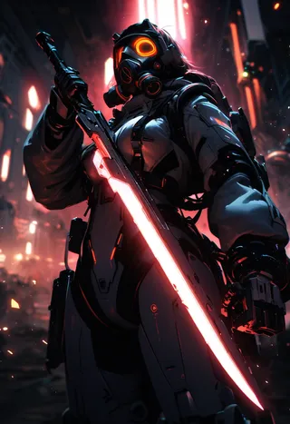 A futuristic female warrior in a high-tech exoskeleton suit with LED elements and a gas mask holding a glowing blade amidst cinematic city lighting.