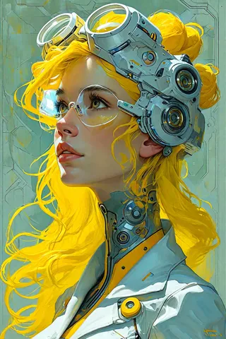 Portrait of a female astronomer with vibrant yellow hair wearing futuristic cybernetic headgear and glasses in a detailed digital sci-fi illustration.