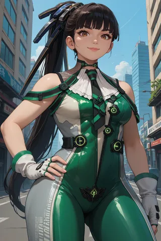 Anime girl wearing a green and white sleeveless bodysuit with black long ponytail standing confidently in a city street, smiling and looking forward