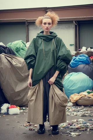 A portrait of a woman wearing oversized green and beige clothes standing in a scrapyard with low contrast and retro style