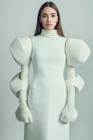 Portrait of a woman in a large, avant-garde white outfit with puffed sleeves and structured gloves, set against a simple background.