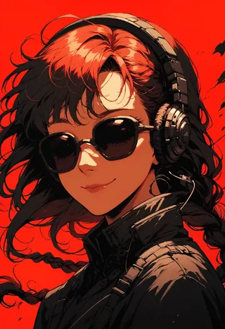 Portrait of a girl wearing black sunglasses and large headphones with a braided ponytail, set against a vivid red background with a halftone effect.