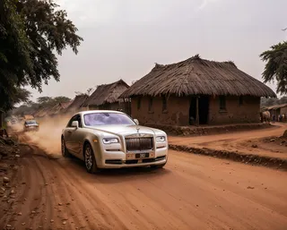 A luxury Rolls Royce driving on a dusty dirt road through a poor African village featuring traditional huts with thatched roofs, illustrating wealth inequality and stark contrast.