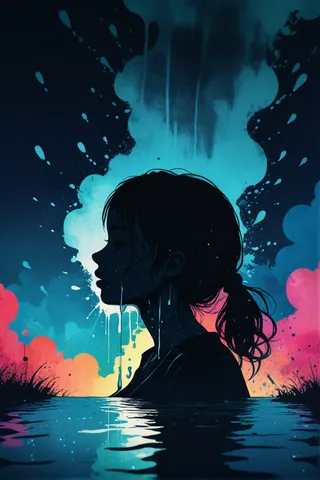 Silhouette of a girl with tears dripping into a river, surrounded by vibrant colored ink splashes and atmospheric lighting.