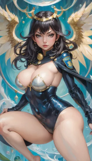 Anime style rough oil painting of a Chinese fantasy priestess with wings wearing a revealing police costume, showing a slim hourglass figure and gold accessories.