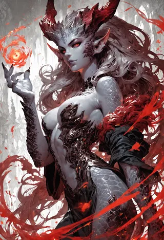 Highly detailed fantasy illustration of a monster girl wizard with blue-grey scaled skin, large red horns, long flowing hair, and intricate black armor, casting magical red flames in a monochrome forest setting.